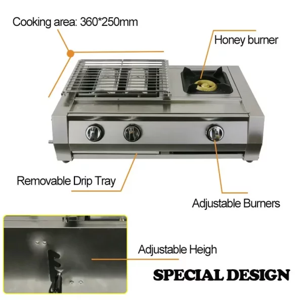Gratar - KDM02+1, 2 arzatoare+1 zona de gatit ,gaz,dimensiune 700 X 400 X 220 mm, otel inoxidabil