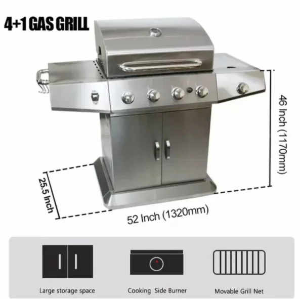 Gratar - QTC4, 4+1 zone de gatit ,gaz, termometru, dimensiuni totale 132 X117 cm, otel inoxidabil