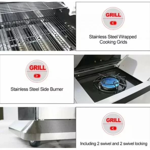 Gratar - QTC4, 4+1 zone de gatit ,gaz, termometru, dimensiuni totale 132 X117 cm, otel inoxidabil