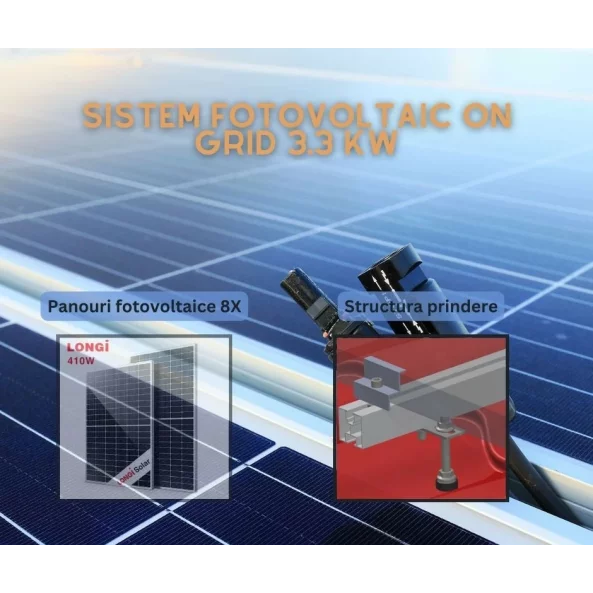 Sistem solar fotovoltaic 3.3KW monofazic, ON-GRID cu 8 panouri fotovoltaice LONGI 410W prindere pe acoperis de tabla