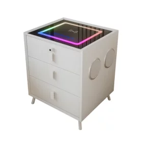 Noptiera inteligenta cu incarcare wireless si iluminare LED –culoare: alb, 3 Sertare de depozitare, difuzor Bluetooth