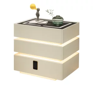 Noptiera inteligenta cu functii smart si design elegant-iluminare LED ,3 sertare,incarcare wireless 15W,cod lock-WHITE