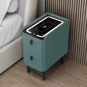 Noptiera inteligenta slim cu incarcare wireless, iluminare LED si 2 sertare – culoare verde, design modern din sticla si lemn