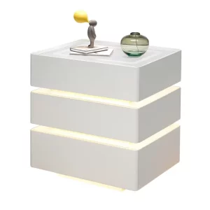 Noptiera moderna cu incarcare wireless 15W, iluminare LED in 3 culori si 3 sertare de depozitare – WHITE